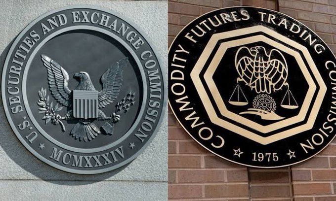 Two official US government seals side by side: the U.S. Securities and Exchange Commission seal on the left and the Commodity Futures Trading Commission seal on the right.