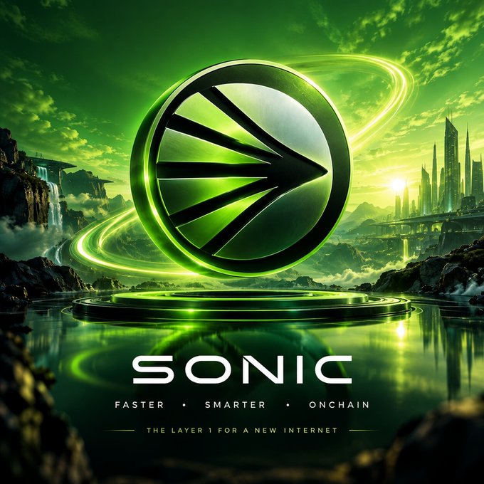 A promotional graphic for 'SONIC' featuring a glowing green circular logo with text reading 'FASTER • SMARTER • ONCHAIN' and 'THE LAYER 1 FOR A NEW INTERNET' against a futuristic green landscape.