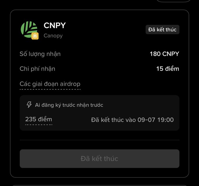 A dark-themed mobile interface displays 'CNPY Canopy' with details: 'Số lượng nhận: 180 CNPY', 'Chi phí nhận: 15 điểm', and 'Đã kết thúc' (Ended) status buttons.