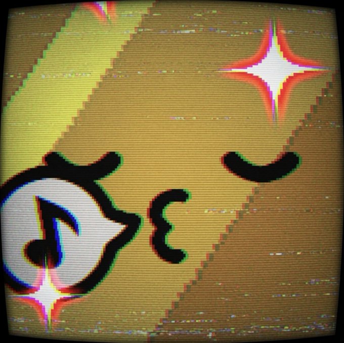 A stylized digital illustration with a glitch effect depicting a cute character with sparkly eyes and a small smile against an orange-striped background.