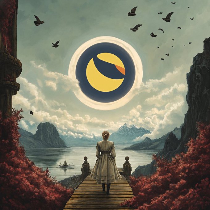 A surreal digital artwork showing a woman and two children on a wooden path looking at a large glowing circular emblem floating over a lake, framed by mountains and red foliage with birds flying overhead.