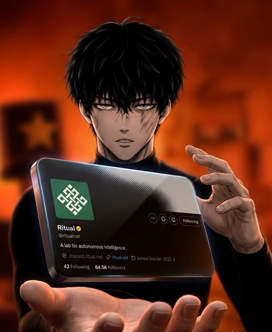An anime-style illustration of a dark-haired man holding a smartphone displaying a social media profile for 'Ritual' (@ritualnet), described as 'A lab for autonomous intelligence' with 64.5K Followers.