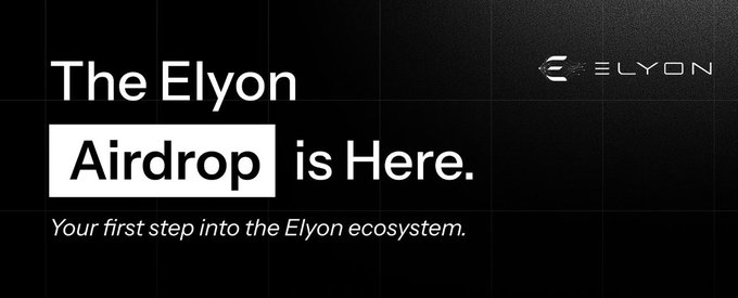 A promotional graphic reads “The Elyon Airdrop is Here” and “Your first step into the Elyon ecosystem,” featuring the ELYON logo. It advertises a guaranteed Elyon Chain airdrop with a 2,000 USDT reward pool for 500 winners, accessible through the linked ElyonChain bot.