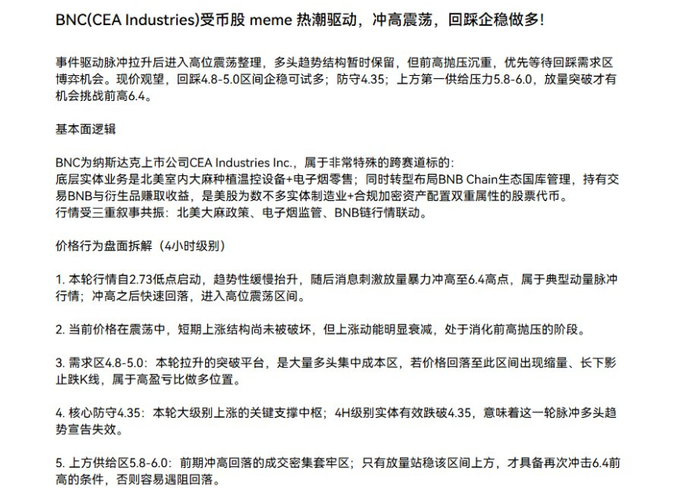 Chinese-language analysis article about BNC (CEA Industries) stock, noting it is listed on Nasdaq, tied to BNB Chain ecosystem management, and discussing meme-driven volatility with price ranges around 4.35-6.4.