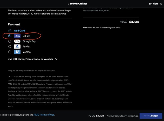 A screenshot of an AMC "Confirm Purchase" checkout page totaling $47.34, with the "BitPay" payment option circled in red among other options like Apple Pay, Google Pay, PayPal, and Venmo, illustrating the post's shock over AMC accepting cryptocurrency as a movie ticket payment method.