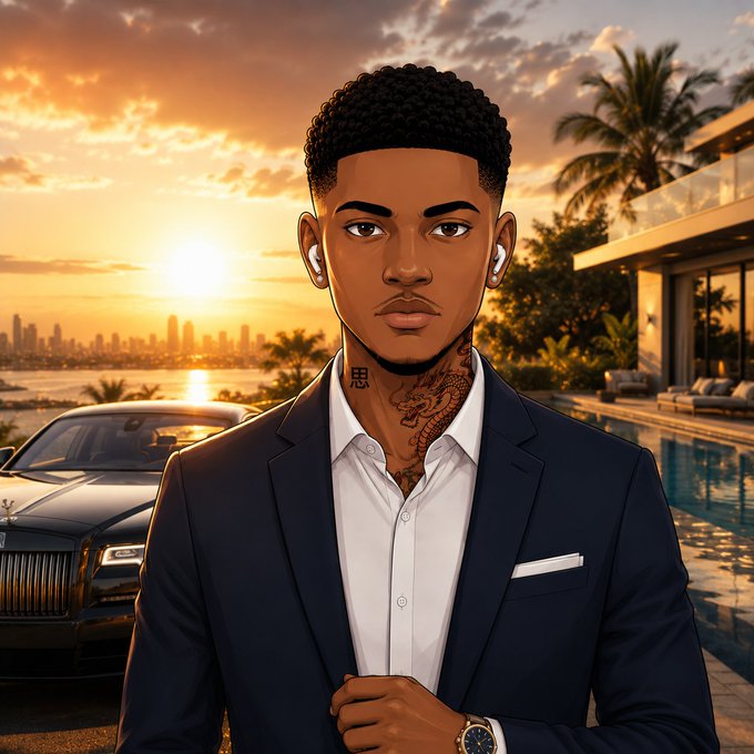 Anime-style illustration of a young man in a black suit with white shirt, wearing AirPods and showing a dragon neck tattoo, posed in front of a sunset mansion scene with a Rolls-Royce and infinity pool.