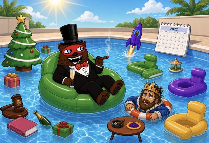 A cartoon illustration depicting various crypto mascots (like Doge and a rocket) relaxing in a swimming pool alongside a bearded king character in a life ring, with a 2022 calendar on the wall.