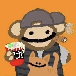 A cartoon illustration of a brown monkey-like character wearing a gray cap and dark shirt, holding a cup of noodles and a small orange cat.