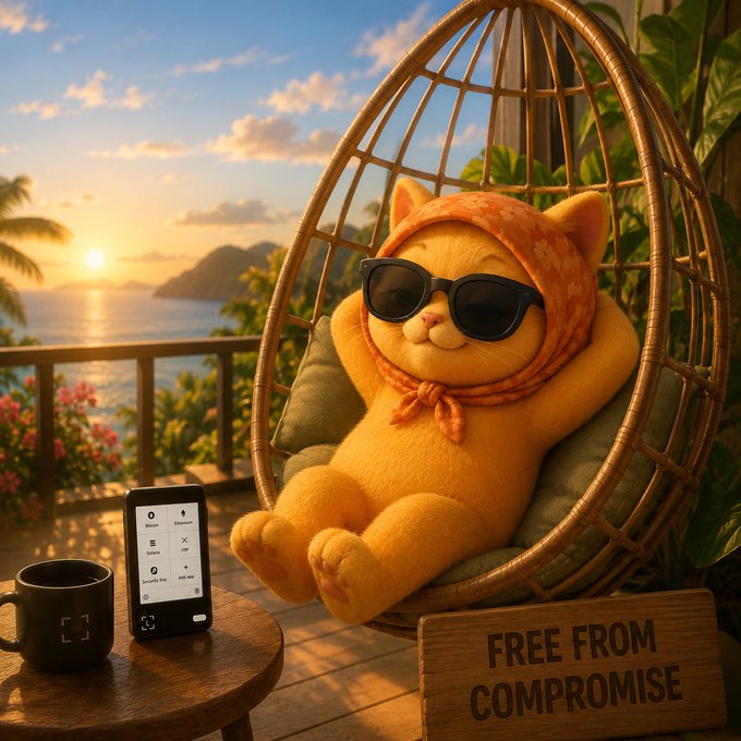 The image features an orange cat wearing sunglasses and a headband sitting comfortably in a wicker chair with a view of the ocean. Next to the chair, there's a small table holding a cell phone and a cup. The background shows palm trees and a beautiful sunset over the water. A sign is also present in the scene that reads "Free from compromise".