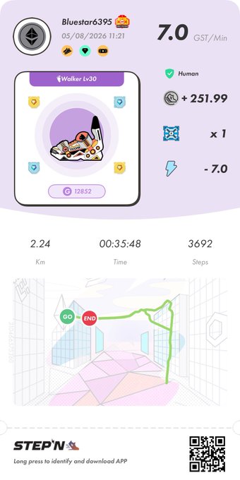 A STEPN app activity screenshot for user 'Bluestar6395' showing 2.24 km walked in 00:35:48 for 3692 steps, featuring a Walker Lv30 sneaker NFT.