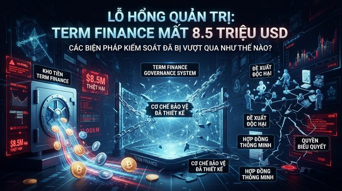 A Vietnamese-language infographic titled "LỖ HỒNG QUẢN TRỊ: TERM FINANCE MẤT 8.5 TRIỆU USD" depicting a broken vault labeled "TERM FINANCE" and governance system nodes with annotations like "CƠ CHẾ BẢO VỆ ĐÃ THIẾT KẾ" and "ĐỀ XUẤT ĐỘC HẠI".