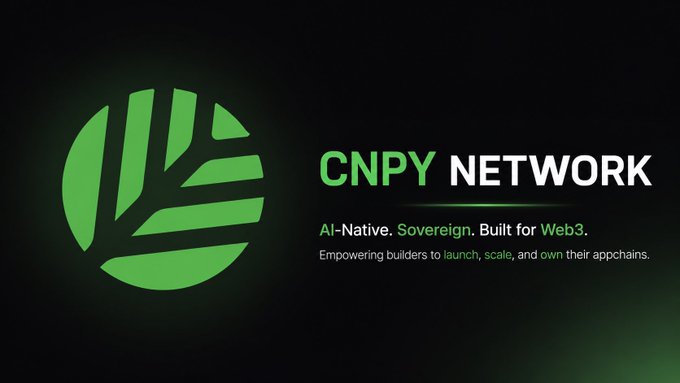 Logo and branding for "CNPY NETWORK" with the tagline "AI-Native. Sovereign. Built for Web3." and the description "Empowering builders to launch, scale, and own their appchains."