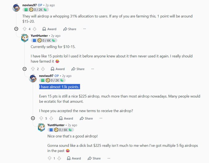 A Reddit thread screenshot where user "noviwu97" announces a "whopping 31% allocation" airdrop, prompting user "YuntHunter" to share their points and discuss the potential $225 value.
