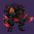 Pixel art of a dark, monstrous character with red accents and clawed limbs against a plain purple background.