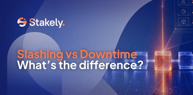 A promotional banner for 'Stakely' with the headline 'Slashing vs Downtime What's the difference?' displayed against a blue background with glowing orange and blue 3D cubes connected by light beams.
