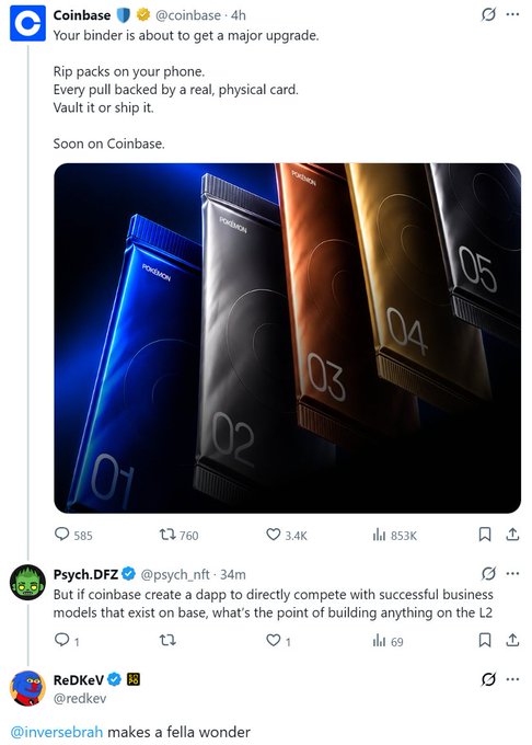 A screenshot of a Coinbase tweet (@coinbase) announcing that 'Your binder is about to get a major upgrade' and teasing 'Rip packs on your phone' backed by physical cards.