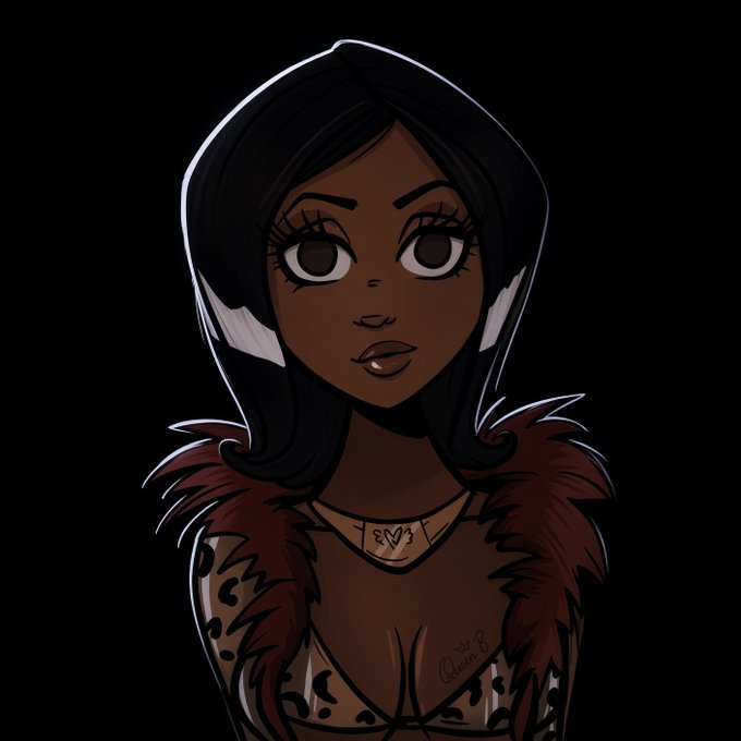 A digital illustration of a dark-skinned woman with black hair, wearing a red fur stole over a leopard print top and a gold necklace with "EV3" pendant, signed by the artist "Queen B."