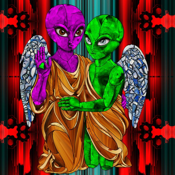 A vibrant digital illustration of two winged alien figures—one purple and one green—embracing while wearing flowing golden robes against a glitchy red and teal striped background.