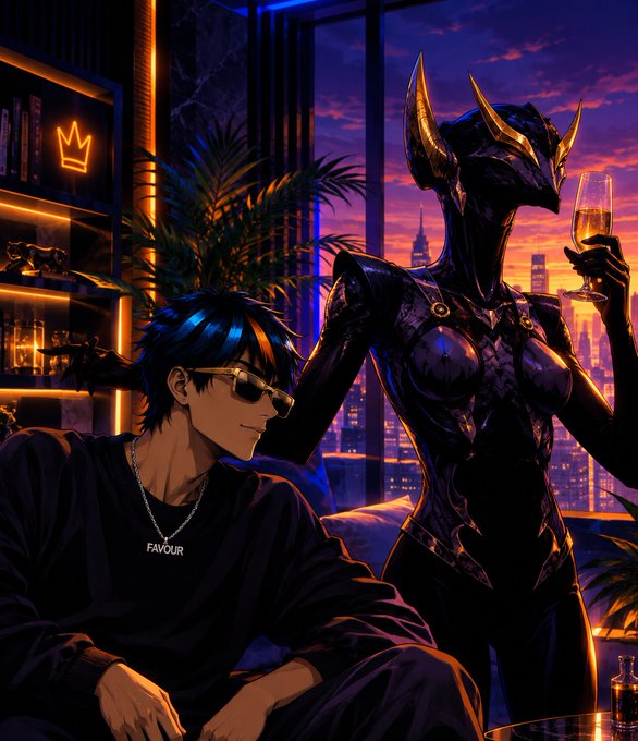 An anime-style illustration of a man in sunglasses sitting in a lounge next to a tall alien-like figure holding a champagne glass, with a sunset cityscape in the background.