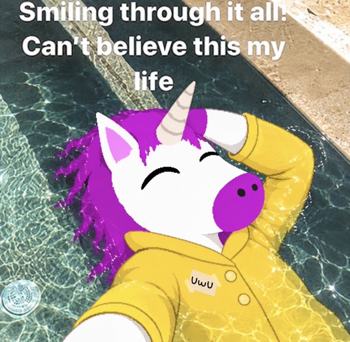 A cartoon purple unicorn character in a yellow shirt floats in a pool with the text 'Smiling through it all: Can't believe this my life' and a 'UwU' label.