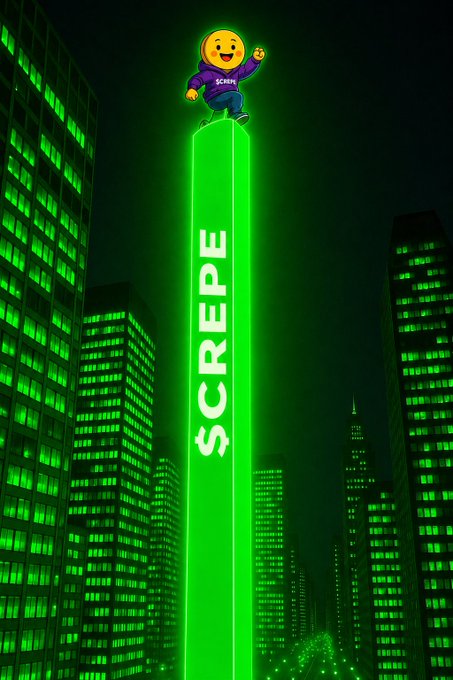The image shows a triumphant yellow smiley-face character in a purple "$CREPE" hoodie standing atop a glowing green neon tower with "$CREPE" written down its length, set against a dark cityscape of green-lit skyscrapers. The visual reinforces the post's message about staying focused despite skepticism, positioning $CREPE as a towering, dominant presence rising above the city—the "results" that arrive after others laughed at the vision.