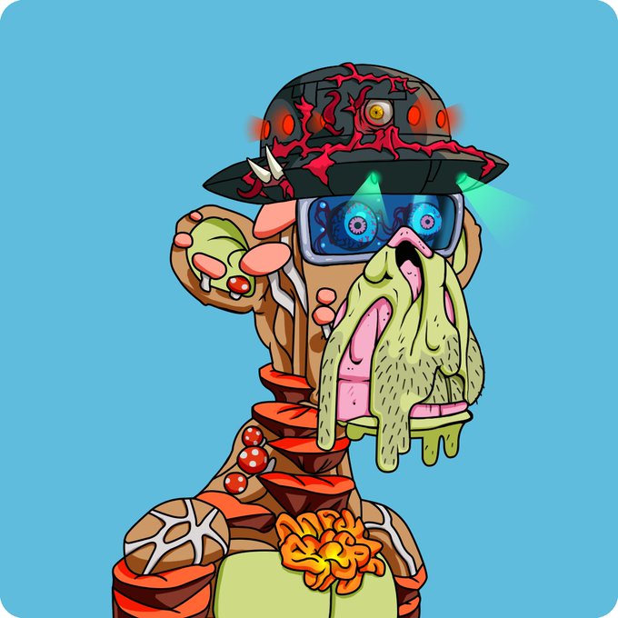 The image features a cartoon monkey wearing a hat, goggles, and a face paint design that includes a flower. The monkey appears to be dressed up as a character from the video game "M Mutant Ape Yacht Club". The caption of the image reads "ApeChurch Deployer has purchased Mutant Ape Yacht Club (MAYC) #422 @BoredApeYC".