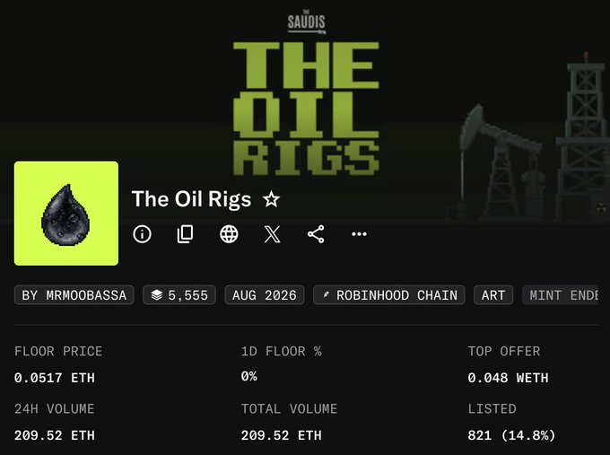 The image shows the OpenSea page for “The Oil Rigs” (ticker $OIL) by @TheSaudisNFT, with 5,555 items scheduled for August 2026, a 0.0517 ETH floor price, 821 listed, and 209.52 ETH total volume. It appears to be a free mint/claim listing for the NFT collection referenced in the post.