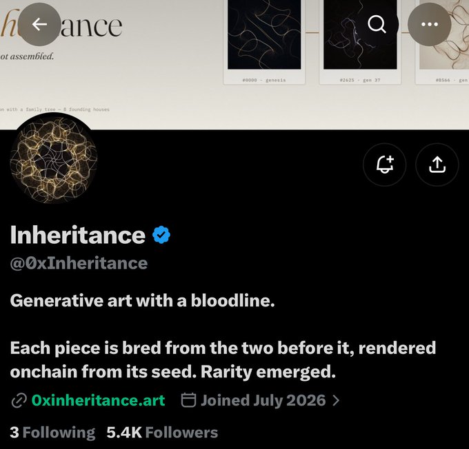The image shows a Twitter/X profile for "Inheritance" (@0xInheritance), a verified account with 5.4K followers describing itself as "Generative art with a bloodline" where "each piece is bred from the two before it, rendered onchain from its seed." The profile relates to the post by showcasing the project's branding and identity being promoted for an upcoming GA (Genesis/General Availability) drop with 2,096 supply on ETH.