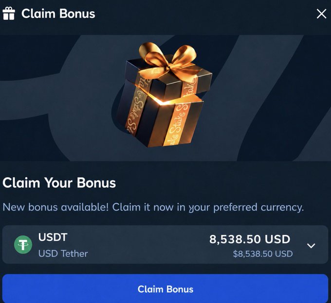 A "Claim Bonus" pop-up window displays a glowing gift box offering 8,538.50 USDT (USD Tether), supporting a post claiming to giveaway $500 of an $8,500 bonus from Stake to followers who share their wallet addresses. This appears to be a common scam tactic using fake bonus screenshots to lure victims into sharing personal crypto wallet information.