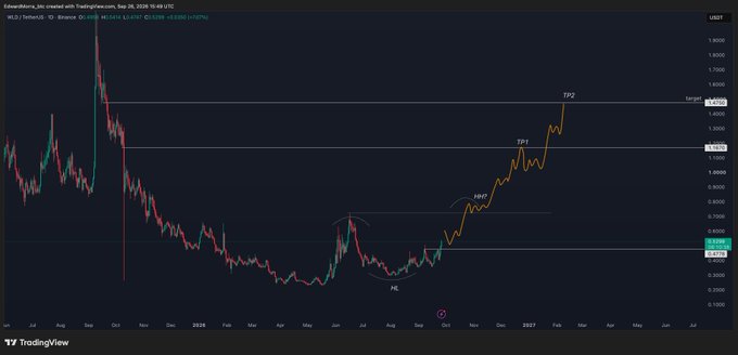 A candlestick chart of Worldcoin ($WLD) against Tether (USDT) on Binance shows a daily timeframe analysis indicating a potential reversal, with marked Higher Low (HL), Invalidation point (INVT), and projected Take Profit levels (TP1 at ~1.2 and TP2 at ~1.65), corresponding to the analyst's bullish thesis that WLD is forming a higher high after a -95% drawdown from ATH.