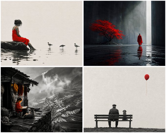 A four-panel artistic collage featuring a woman in a red dress by water, a figure in red beneath a red tree, a person reading in a mountain village, and a man with a small figure on a bench watching a red balloon.