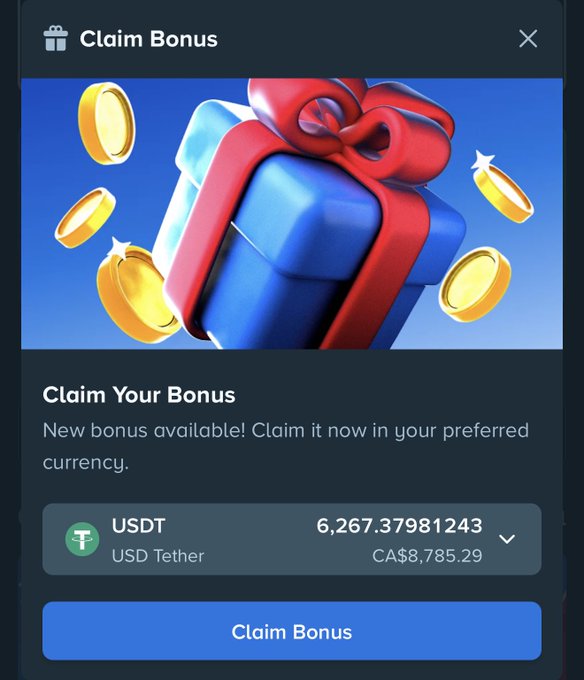 A mobile app interface titled 'Claim Bonus' showing a gift box with coins, offering 6,267.37981243 USDT (CA$8,785.29) with a 'Claim Bonus' button at the bottom.