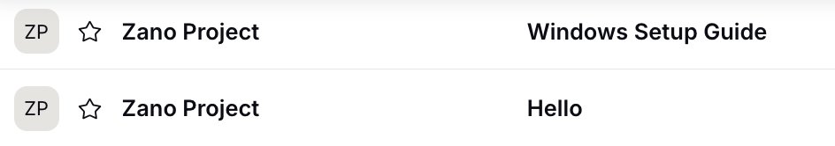 Two repository entries both labeled 'ZP' for 'Zano Project,' titled 'Windows Setup Guide' and 'Hello,' each marked with a star icon.