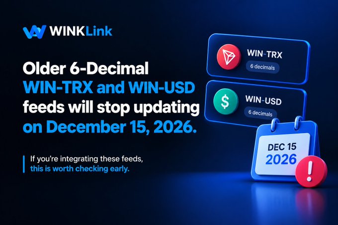 WINKLink announcement stating that older 6-Decimal WIN-TRX and WIN-USD feeds will stop updating on December 15, 2026, with a note for integrators to check early.