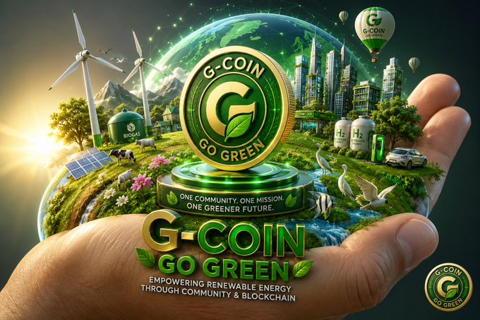A hand cradles a green globe featuring a central "G-COIN GO GREEN" emblem surrounded by wind turbines, solar panels, hydrogen tanks, and a futuristic sustainable city, with text reading "One Community. One Mission. One Greener Future" and "Empowering Renewable Energy Through Community & Blockchain"—visually reinforcing the post's message of building a cleaner, blockchain-driven environmental future.
