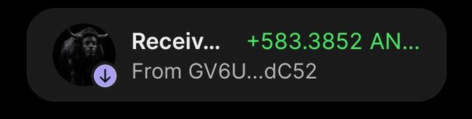 A wallet notification shows a receipt of +583.3852 AN tokens from address GV6U...dC52, with a profile picture of a horned figure, supporting the post's claim about receiving an $ANSEM token airdrop from @blknoiz06.