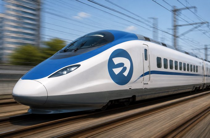 A sleek blue and white high-speed bullet train speeds along tracks with motion blur, featuring a circular logo with an 'R' on its side.