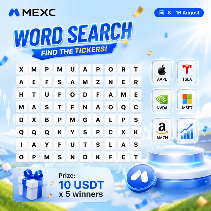 A MEXC "Word Search - Find the Tickers!" promotional graphic (August 8–16) features a letter grid alongside six U.S. stock icons—AAPL (Apple), TSLA (Tesla), NVDA (Nvidia), MSFT (Microsoft), AMZN (Amazon), and a rising chart—offering 10 USDT to 5 winners as part of their U.S. Stock Challenge to pick a favorite stock with a reason.