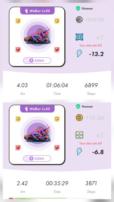 A screenshot from a fitness app showing 'Walker Lv30' activity stats with metrics for distance (4.03 km, 2.42 km), time, steps, and in-game rewards.