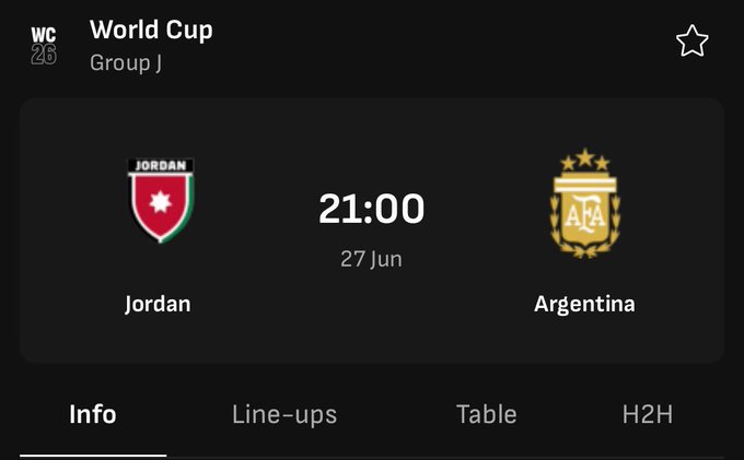 A soccer match prediction graphic showing the upcoming FIFA World Cup 2026 Group J match between Jordan and Argentina on June 27 at 21:00, tying into a contest post asking followers to predict the number of goalkeeper saves for a chance to win $100 in USDT (BEP20).