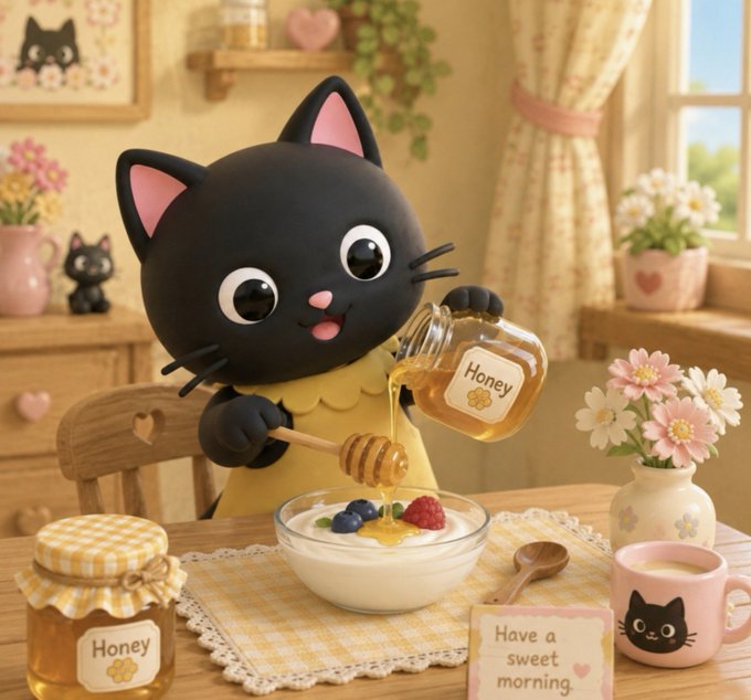 A 3D-style illustration of a cute black cat pouring honey into a bowl of yogurt with berries, set in a cozy kitchen with 'Have a sweet morning' text on a notepad.
