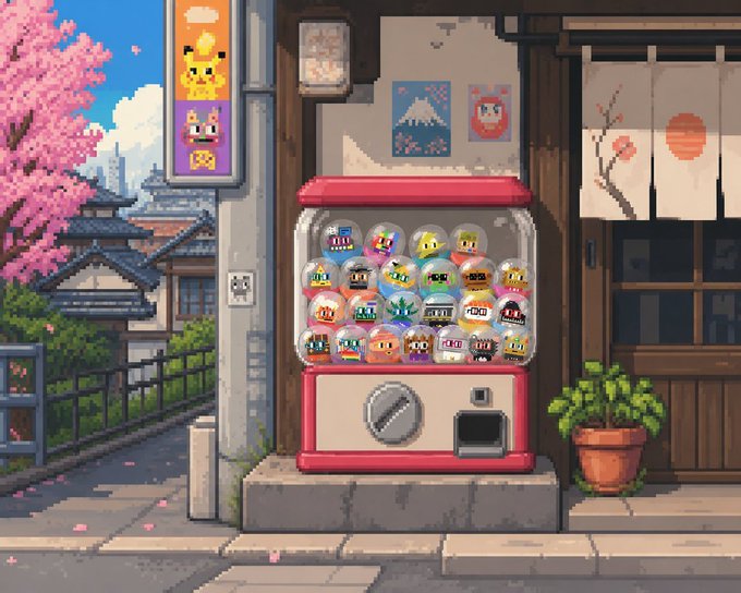 Pixel art depicting a street scene with a gachapon (capsule toy) vending machine filled with various character capsules, set against a backdrop of cherry blossoms, a Japanese-style house, and a noren curtain.