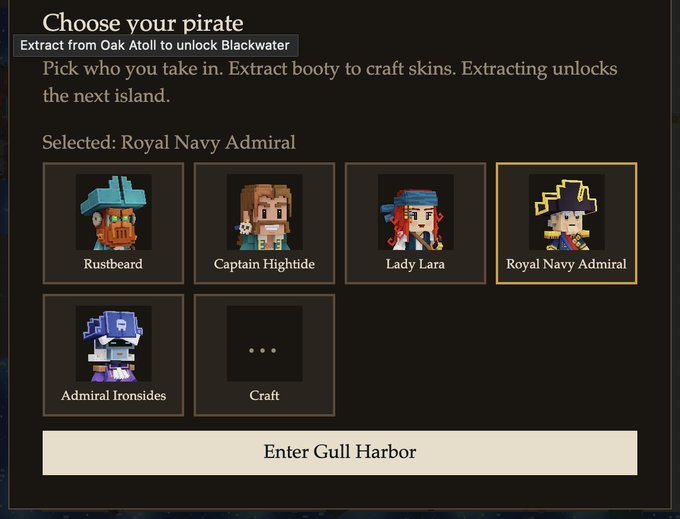 A 'Choose your pirate' menu screen from a game showing options like Rustbeard, Captain Hightide, Lady Lara, Royal Navy Admiral, and Admiral Ironsides, with Royal Navy Admiral currently selected.