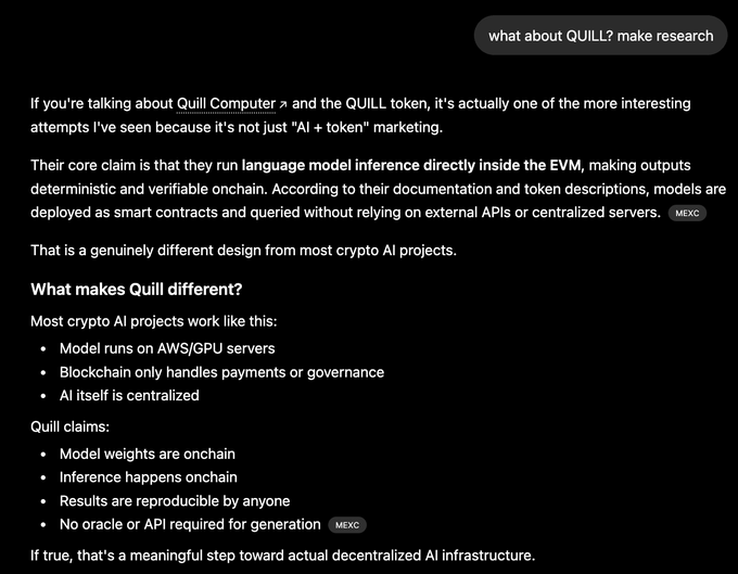 A webpage titled "What about Quill Computer X and the Quill token?" displays a list of claims against Quill, including its claim that it is not just a token but also a model for running languages directly inside the EMM.
