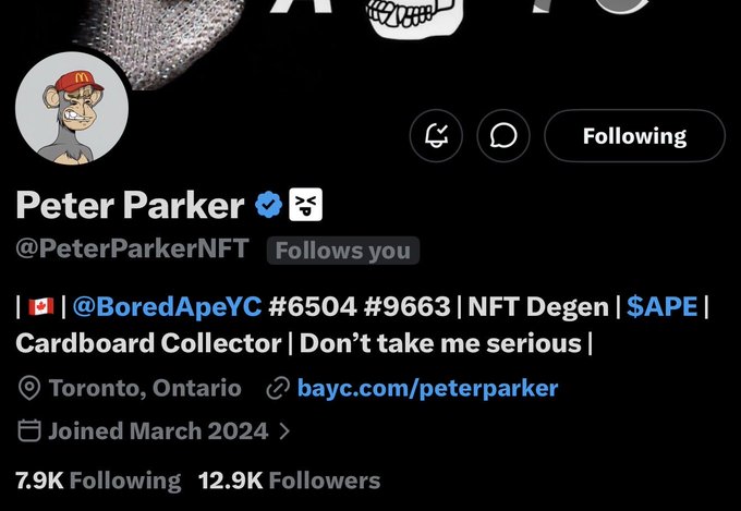 The image shows a post from Peter Parker, an influencer or social media personality, who has gained a significant number of followers. The post features a cartoon monkey wearing a red hat with a white logo that reads "PeterParkerNFT". The post includes a link to Peter Parker's Twitter account and a message encouraging others to follow him. The image also contains text about the importance of following Peter Parker, which is related to the post in some way.