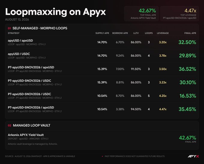 The image displays a "Loopmaxxing on Apyx" table dated August 13, 2026, comparing various self-managed Morpho loops and the managed Arkonix APYX Yield Vault, with yields ranging from 16.53% to 42.67%. It highlights the top strategies mentioned in the post, including the 42.67% Arkonix APYX Yield Vault, the 36.52% PT-apyUSD-SNOV2026/apxUSD loop at 3.50x leverage, and the 35.45% PT-apxUSD-SNOV2026/apxUSD loop at 4.47x leverage, supporting the claim of high-yield looping opportunities on the platform.