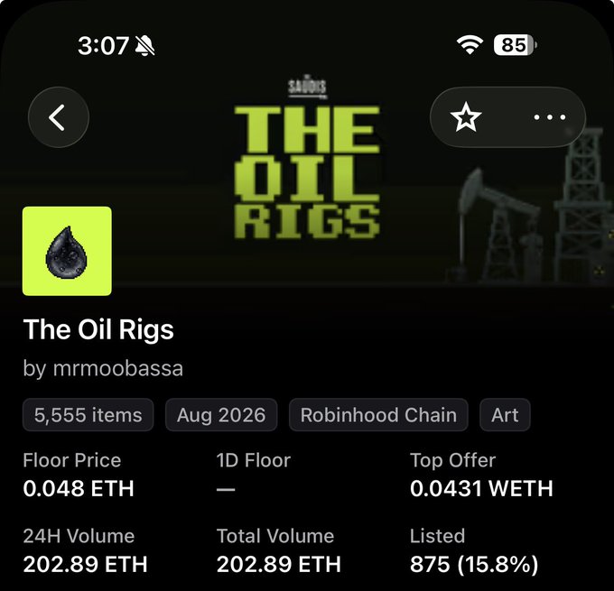 A screenshot of a digital collectibles marketplace showing an NFT collection titled 'THE OIL RIGS' by mrmoobassa, with a floor price of 0.048 ETH, 24H volume of 202.89 ETH, and listed under the Robinhood Chain.