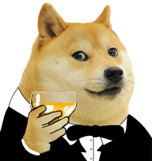 A Shiba Inu dog wearing a tuxedo with a bowtie, holding a snifter of amber liquid (cognac/brandy) in its paw.