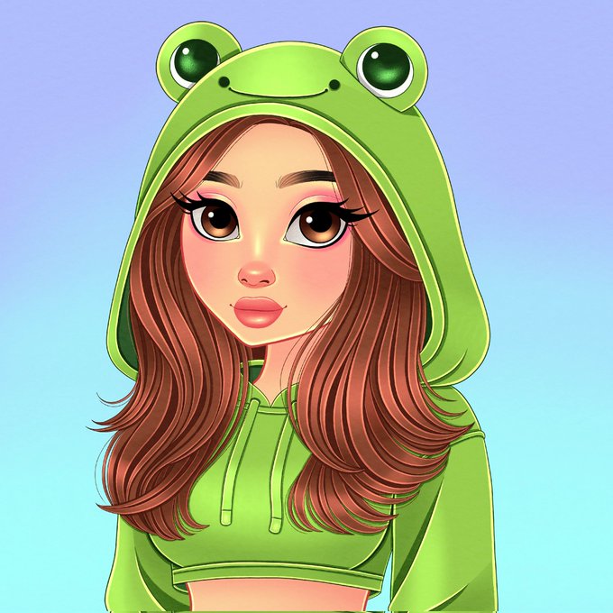 A digital illustration of a young woman with long brown hair wearing a green frog hoodie, featuring large cartoon eyes on the hood.