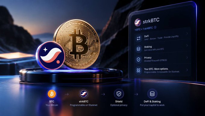 A digital platform interface displays a Bitcoin coin alongside a "strkBTC" token, promoting "1 BTC = 1 strkBTC" with options for DeFi, Staking, Privacy, and "Your BTC. More options." against a futuristic landscape. A bottom flow diagram illustrates the journey from "BTC Your Bitcoin" to "strkBTC Programmable on Starknet," then through "Shield" for optional privacy, to "DeFi & Staking" to put capital to work, visually reinforcing the post's narrative that the real value of Starknet's BTC bridge lies in the programmable ecosystem built around strkBTC rather than the bridge itself.